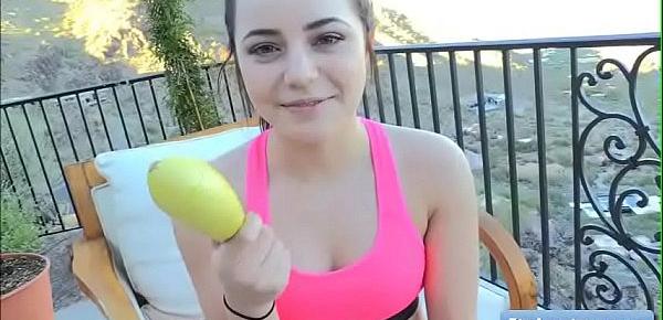  Young sexy teen brunette amateur Kylie fucks her juicy pink tight pussy with yellow pumpkin